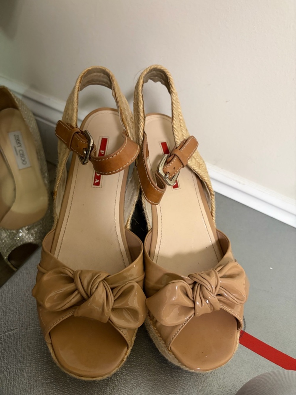 Prada Beige Knot Front Espadrille Wedge Sandals